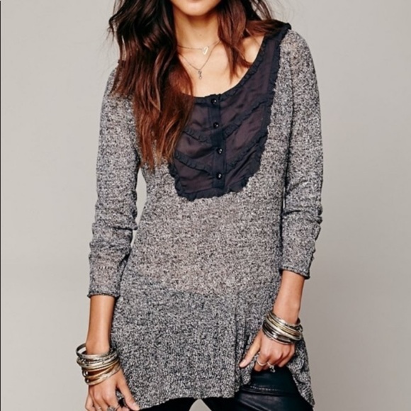 FREE PEOPLE Gray Ruffle Drop Hem Henley Blouse - Picture 1 of 6